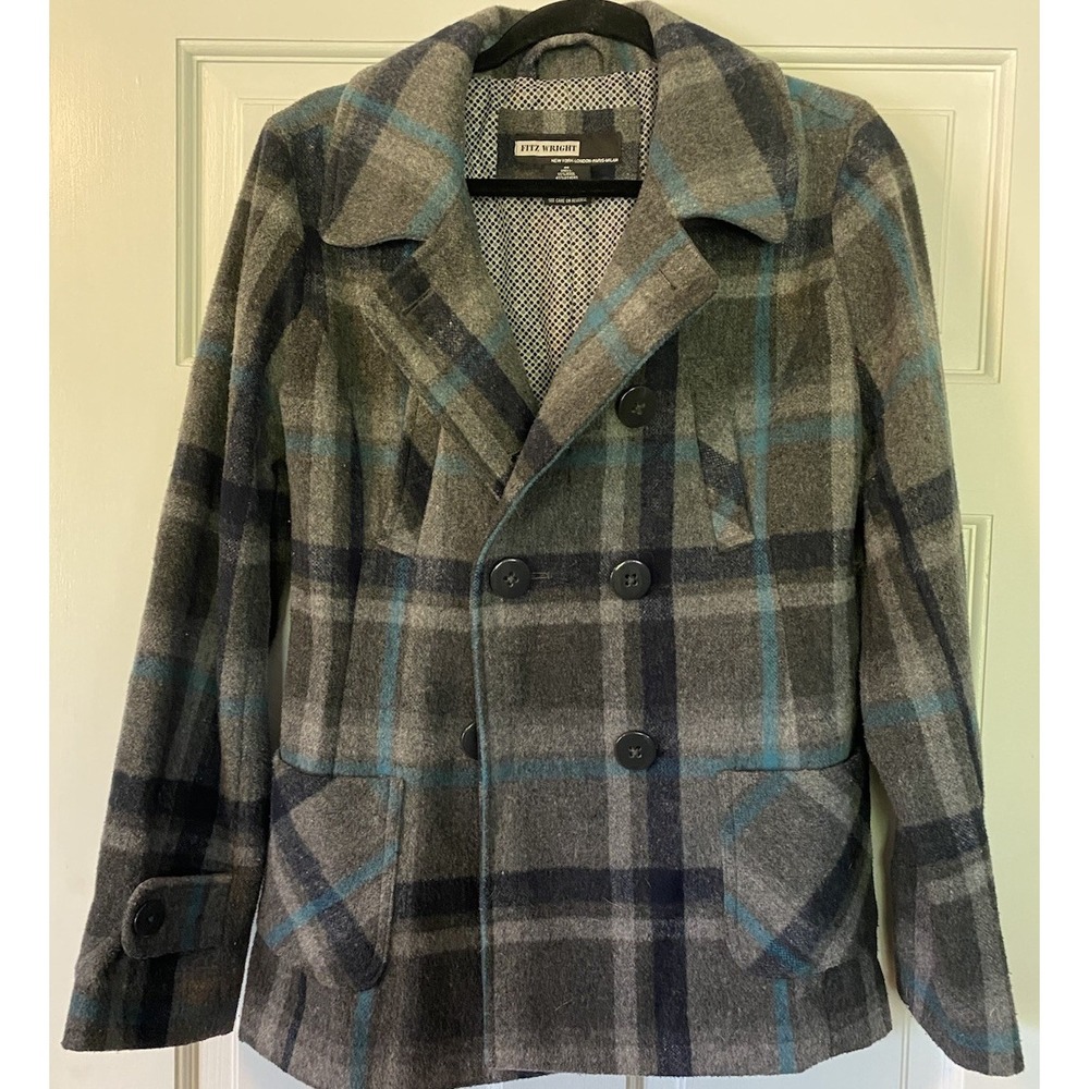 Fitz Wright Women's Peacoat‎ SZ Med  Double Breasted Plaid Wool Blend  RN# 12739
